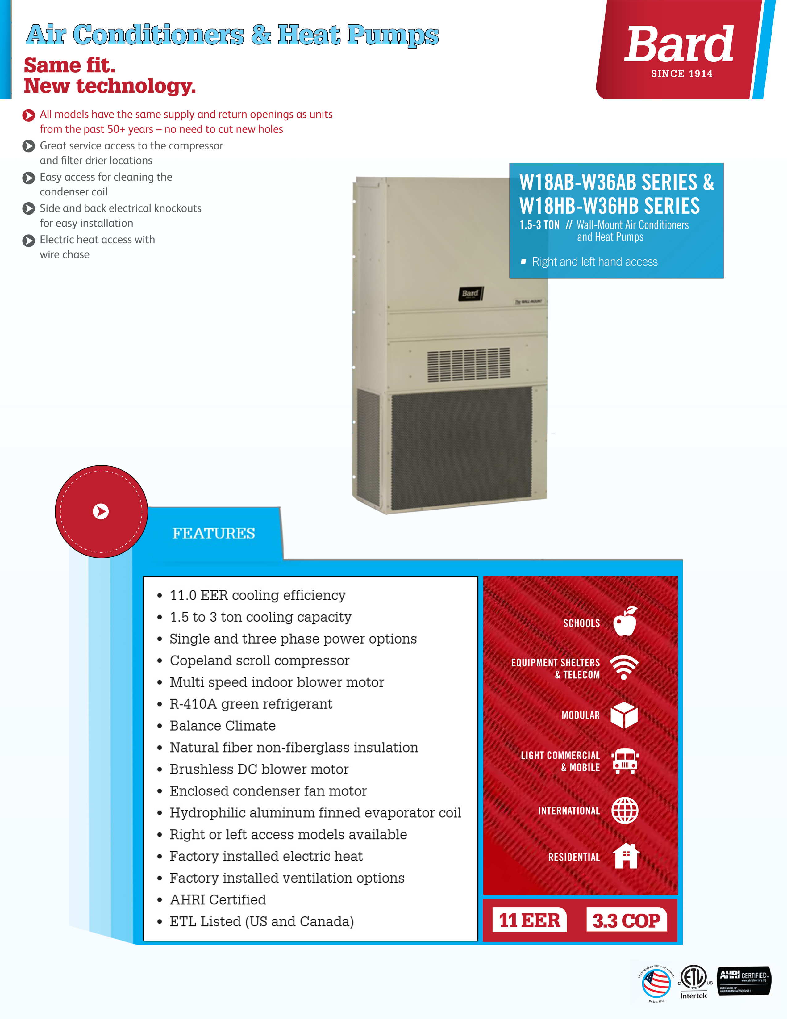 3 Ton Bard 11 EER Wall Hung 208/230V Three Phase Air Conditioning Unit, W36AB-B00